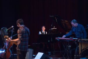Chancellors Honors College Artist-in-Residence Bruce Levingston adds his talents to guest artists Sam Green and Brent Green at the 2017 SMBHC Spring Convocation. Photo by Kevin Bain/Ole Miss Communications