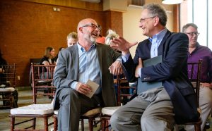 Noted conservative political commentator, former editor of The New Republic, and the author or editor of six books Andrew Sullivan and Honors College Dean Douglass Sullivan-Gonzalez chat prior to Sullivan's recent talk with faculty at at Honors College. Photo by Robert Jordan/Ole Miss Communications